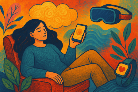 Ilustración artística de una mujer relajada usando el móvil (1)