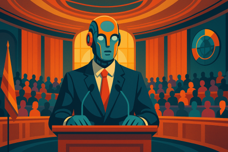 Ilustración artística y colorida de un robot humanoide en traje presidencial (1)