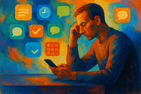 Ilustración colorida de un hombre abrumado mirando su smartphone rodeado de íconos de aplicaciones (1)