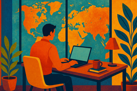 Ilustración colorida de un hombre trabajando desde casa frente a un mapa del mundo (1)