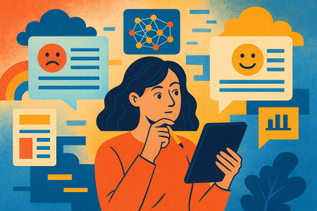 Ilustración colorida de una mujer analizando emociones en texto digital, rodeada de iconos de sentimientos y redes neuronales (1)