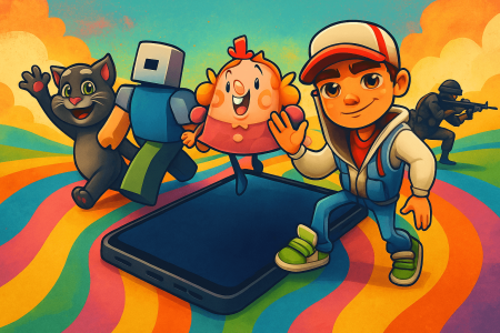 Ilustración colorida y artística de personajes de videojuegos móviles populares saliendo de un smartphone, (1)