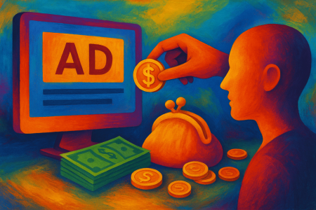 Ilustración conceptual colorida de un usuario recibiendo dinero por ver publicidad digital en su ordenador (1)