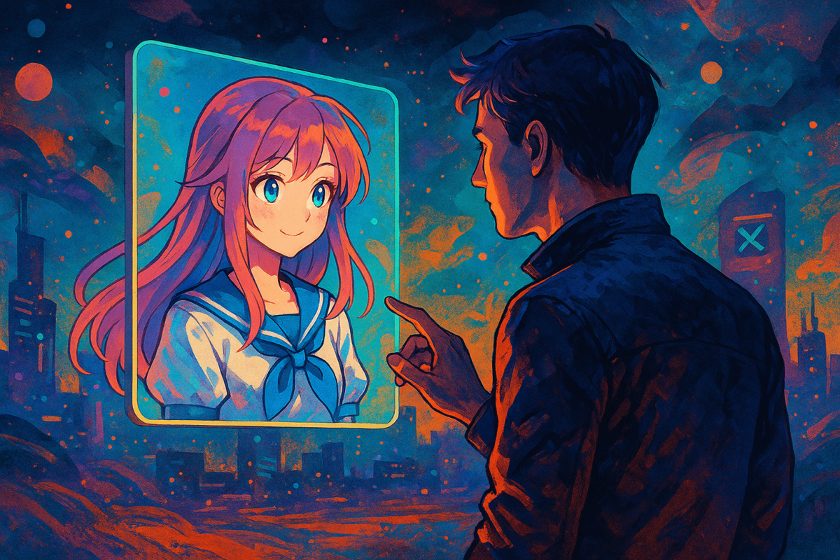 Ilustración digital estilo anime y cyberpunk que muestra a un joven interactuando con un avatar virtual holográfico (1)