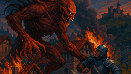 Ilustración en pixel art de un monstruo rojo destruyendo un pueblo medieval, (1)