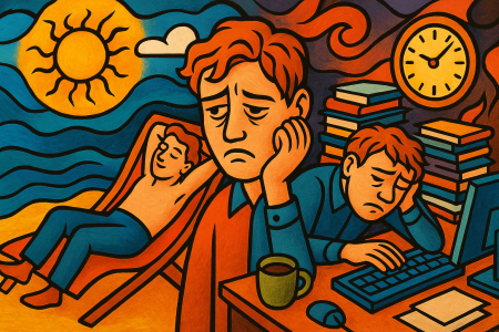 Ilustración surrealista colorida que representa la paradoja del tiempo libre (1)
