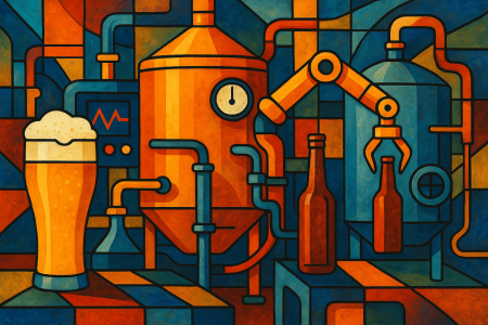 Pintura abstracta de estilo moderno que representa la automatización y tecnología en la fabricación de cerveza (1)
