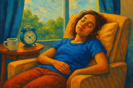 Pintura al óleo de una mujer joven durmiendo una siesta de 20 minutos en un sillón (1)