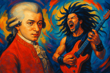 Pintura artística que representa a Mozart y a un guitarrista de heavy metal, (1)