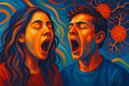 Pintura colorida de dos personas bostezando con fondo de neuronas (1)