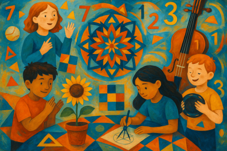 Pintura colorida que representa a niños aprendiendo matemáticas de forma creativa (1)