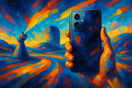 Pintura digital colorida de una mano sosteniendo un smartphone con cámara triple (1)