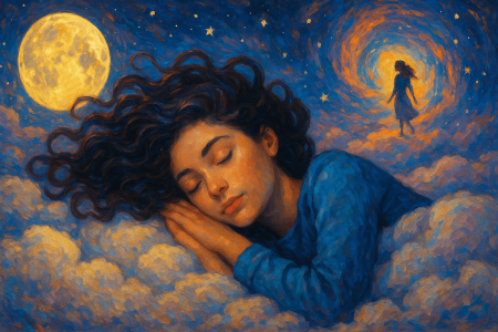 Pintura digital onírica de una mujer durmiendo sobre nubes (1)