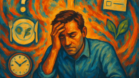 Pintura expresionista de un hombre fatigado rodeado de símbolos de decisiones (1)