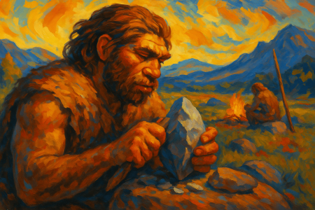 Pintura expresionista de un neandertal tallando piedra (1)
