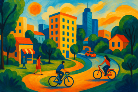 Pintura semiabstracta colorida de una ciudad de 15 minutos con ciclistas, peatones (1)