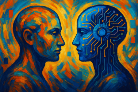 Representación abstracta del diálogo entre sesgos humanos y la inteligencia artificial, (1)