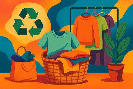 e ropa reutilizada en un entorno colorido con símbolos de reciclaje y plantas, (1)