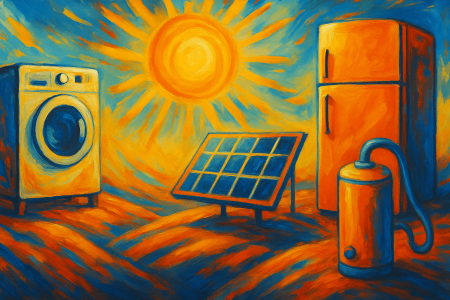 electrodomésticos solares (lavadora, refrigerador, calentador y panel solar) bajo un sol radiante (1)
