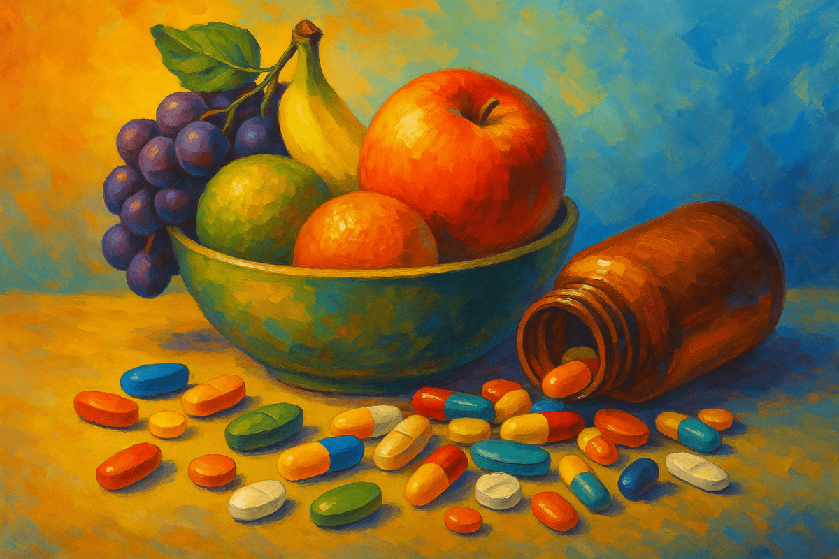 frutas frescas en un cuenco junto a una botella de vitaminas abierta con cápsulas multicolores sobre la mesa (1)