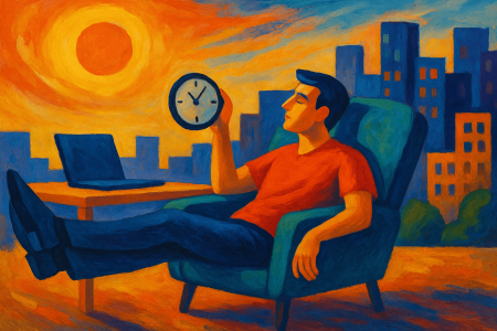 hombre descansando en un sillón con un reloj en la mano, al atardecer, con una laptop cerrada (1)