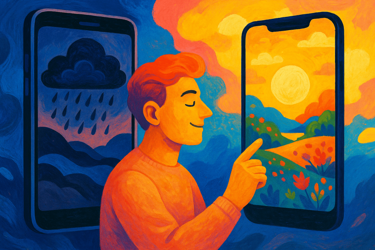 hombre frente a dos teléfonos móviles, uno con un paisaje oscuro y lluvioso (doomscrolling) y otro con un paisaje soleado y lleno de flores (joyscrolling) (1)