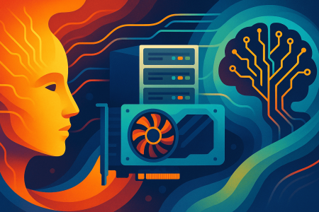 inteligencia artificial con GPU, cerebro digital y rostro humanoide interconectados por flujos de datos coloridos (1)