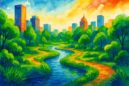 ciudad sostenible con vegetación y río integrados, (1)