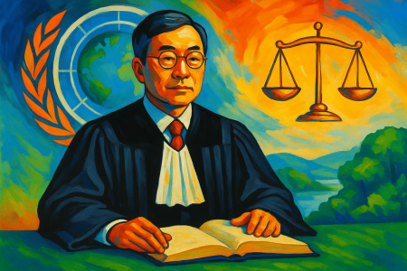 juez internacional en un tribunal, con balanza de la justicia, símbolos de la ONU y paisajes naturales (1)
