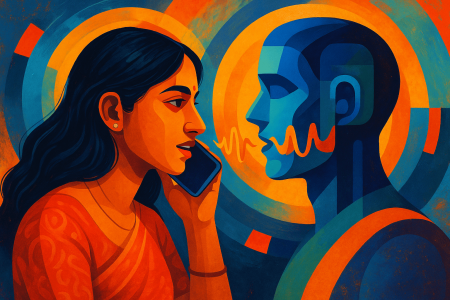 mujer india hablando por teléfono con un asistente de voz IA multilingüe (1)