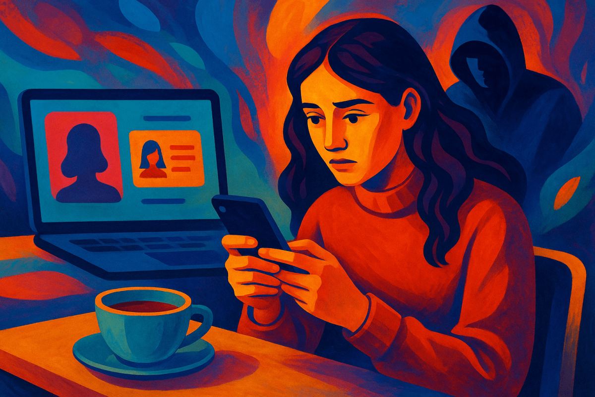 mujer preocupada usando el móvil mientras un hacker acecha (1)