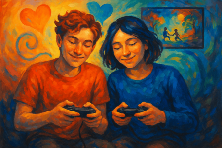 os jóvenes jugando videojuegos cooperativos, rodeados de corazones (1)