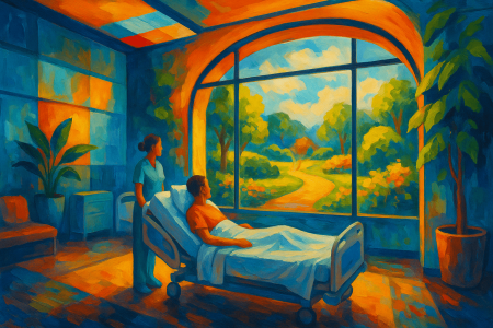 paciente hospitalizado recibiendo luz natural y observando un jardín desde su habitación (1)