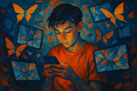 persona joven absorta en su móvil, rodeada de pantallas rotas y mariposa (1)