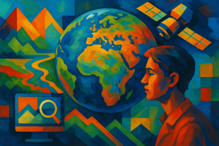 persona observando el planeta Tierra con satélites y paisajes naturales, (1)