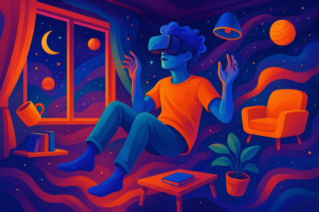 persona usando gafas de realidad virtual mientras flota en una sala convertida en un espacio onírico (1)