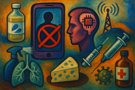 representa bulos de salud mediante símbolos como una jeringa, microchip cerebral, móvil tachado y pulmones rociados, (1)