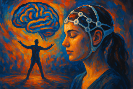 una mujer con un casco EEG conectada emocionalmente a una actuación artística, (1)