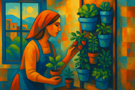 una mujer cuidando un huerto vertical en una pared interior iluminada por el so (1)