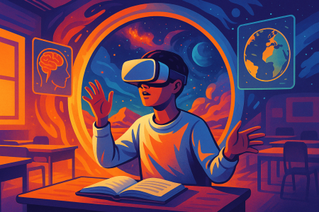 Estudiante usando gafas de realidad virtual en un aula inmersiva del metaverso (1)