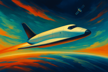 Ilustración artística de un avión espacial Aurora sobre la atmósfera terrestre, con un satélite en la distancia (1)