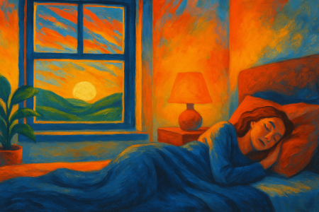Mujer durmiendo plácidamente en una habitación cálida iluminada por una lámpara y la luz del amanecer, (1)