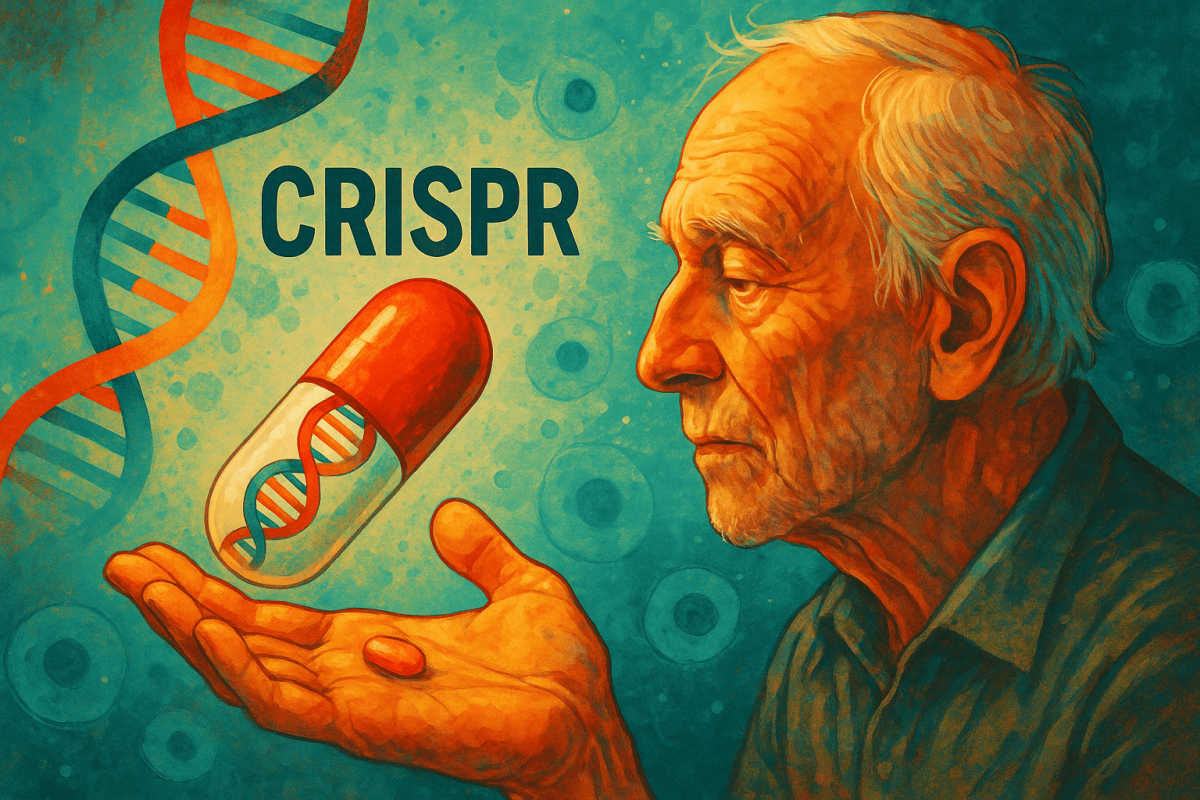 anciano sosteniendo una cápsula futurista con ADN en su interior, representando el concepto de una píldora CRISPR (1)