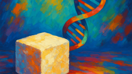 cubo de azúcar junto a una doble hélice de ADN con fondo colorido (1)