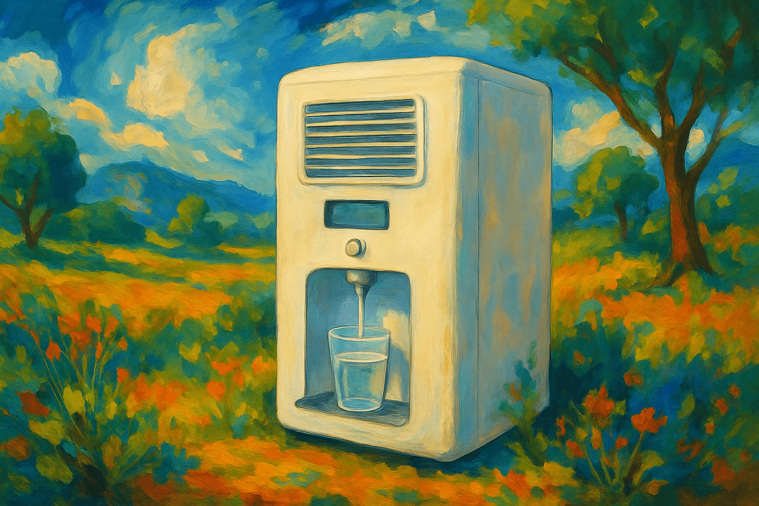 generador de agua atmosférica en un paisaje natural con árboles y flore (1)