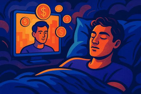 hombre durmiendo mientras su avatar digital en una pantalla genera dinero, (1)