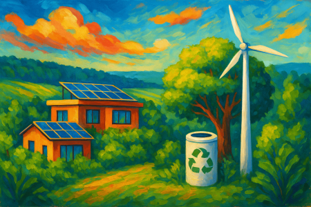 hotel ecológico con paneles solares, rodeado de vegetación exuberante (1)