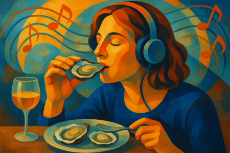 mujer comiendo ostras con auriculares (1)