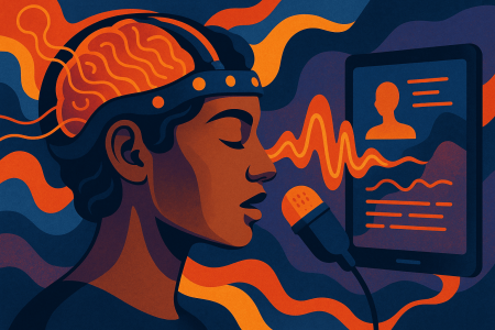 mujer con neuro-wearable traduciendo señales cerebrales en voz y texto, (1)