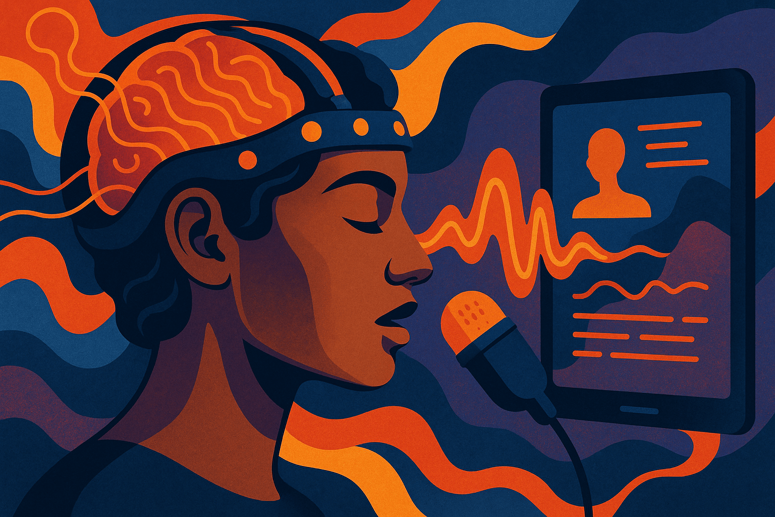 mujer con neuro-wearable traduciendo señales cerebrales en voz y texto, (1)